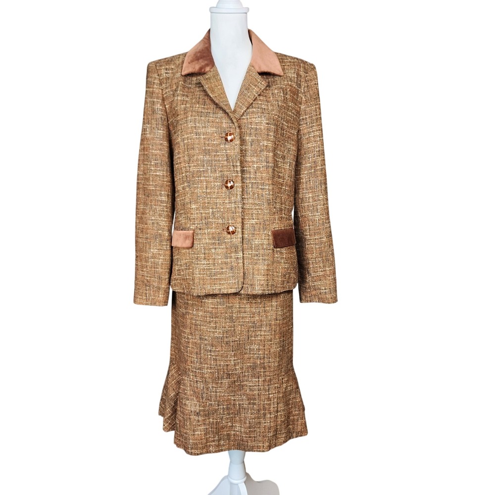 Le Suit 2pc Tweed Skirt Suit Set Women 14 Brown Rust Velvet Business Office Work